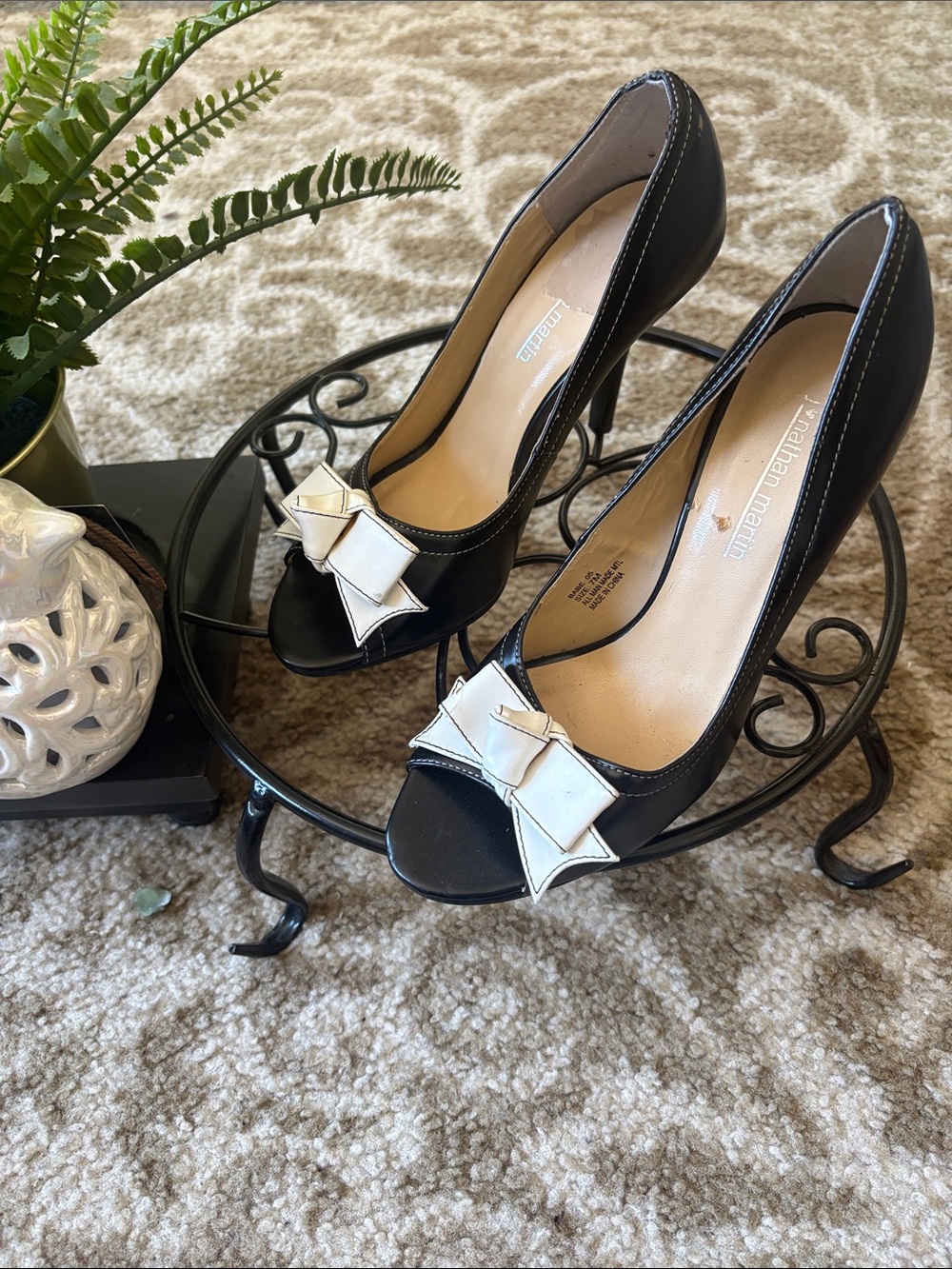 jonathan martin Black Peep-Toe Heels with White Bow